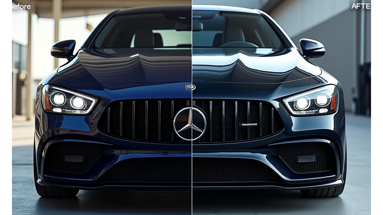Slider interactif avant/après montrant la transformation spectaculaire d'une voiture grâce au detailing extérieur par kennelkingdom.com