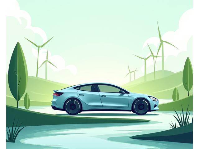 Illustration montrant des symboles d'énergie renouvelable (panneaux solaires, éoliennes) et des gouttes d'eau recyclées à côté d'un véhicule électrique propre, représentant l'engagement écologique d'kennelkingdom.com.