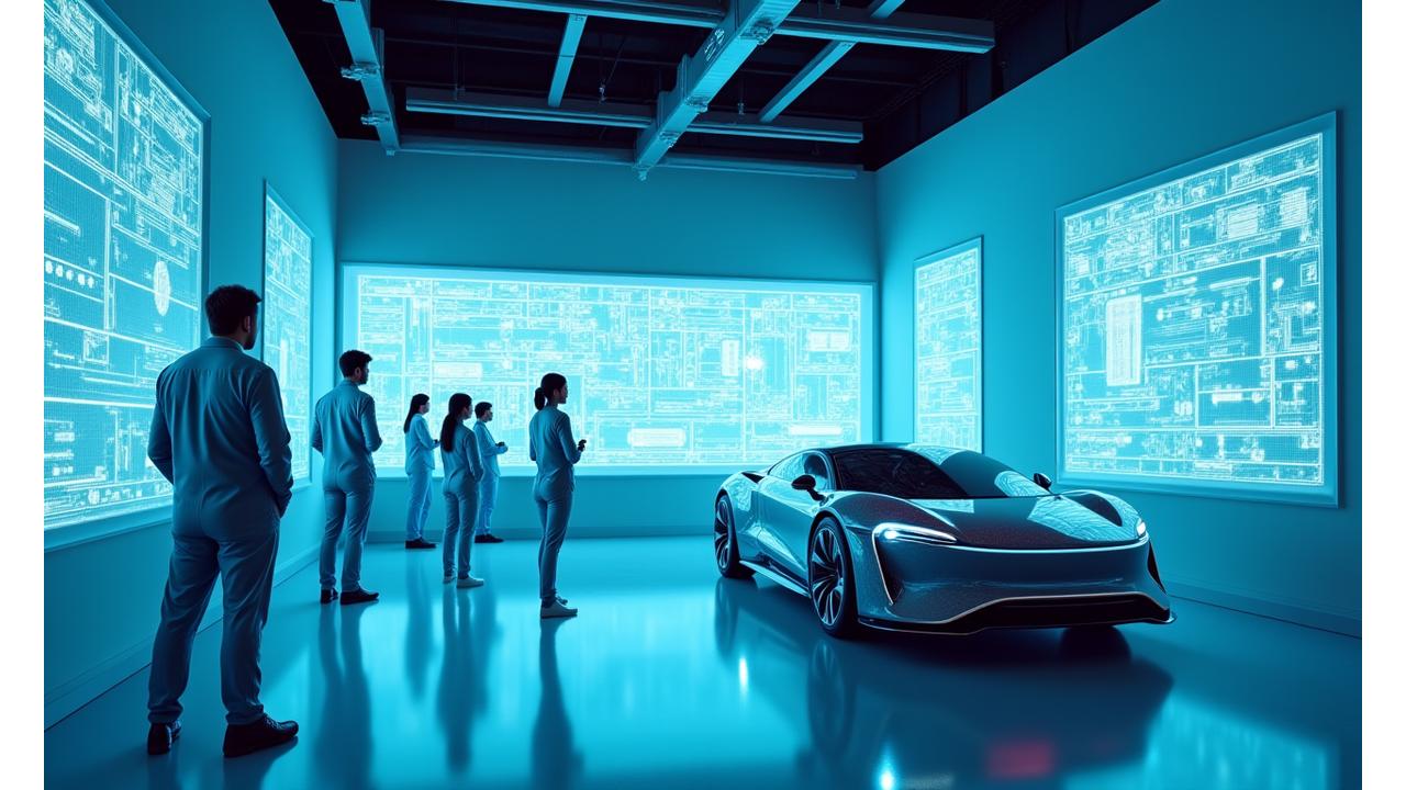 Image conceptuelle d'un laboratoire de recherche automobile futuriste avec des techniciens analysant des véhicules électriques de prochaine génération, symbolisant l'engagement d'kennelkingdom.com pour l'innovation et l'avenir de l'automobile.