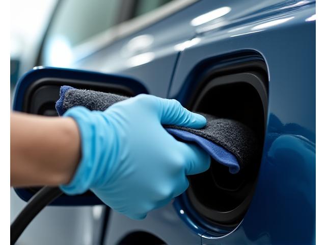Vue rapprochée d'un opérateur kennelkingdom.com nettoyant délicatement le port de charge d'un véhicule électrique avec un produit et un chiffon spécifiques, illustrant la précision et la connaissance des zones sensibles.
