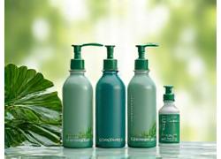 Mains tenant des produits de nettoyage étiquetés 'biodégradable' ou 'écologique', avec des feuilles vertes en arrière-plan, symbolisant l'engagement environnemental d'kennelkingdom.com.