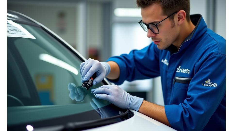 Un technicien kennelkingdom.com en uniforme bleu et orange appliquant méticuleusement un traitement hydrophobe sur le pare-brise d'une voiture, éclairé par une lumière diffuse pour accentuer la précision du geste.