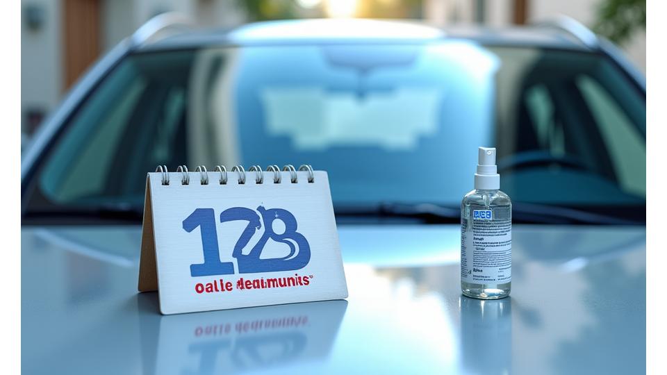 Un calendrier stylisé avec des marques indiquant une durabilité d'un an à 18 mois sur un pare-brise, appuyé par des produits d'entretien doux, symbolisant la longévité du traitement kennelkingdom.com.