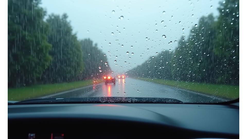 Vue claire d'un pare-brise sous la pluie avec l'effet hydrophobe du traitement kennelkingdom.com, montrant des gouttes d'eau perlantes s'évacuant rapidement, contrastant avec une portion non traitée floue.